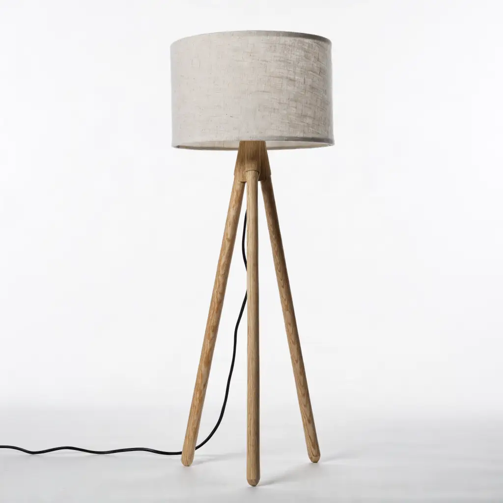 Lampadaire Trépied Bois & Tissu — Scandinave